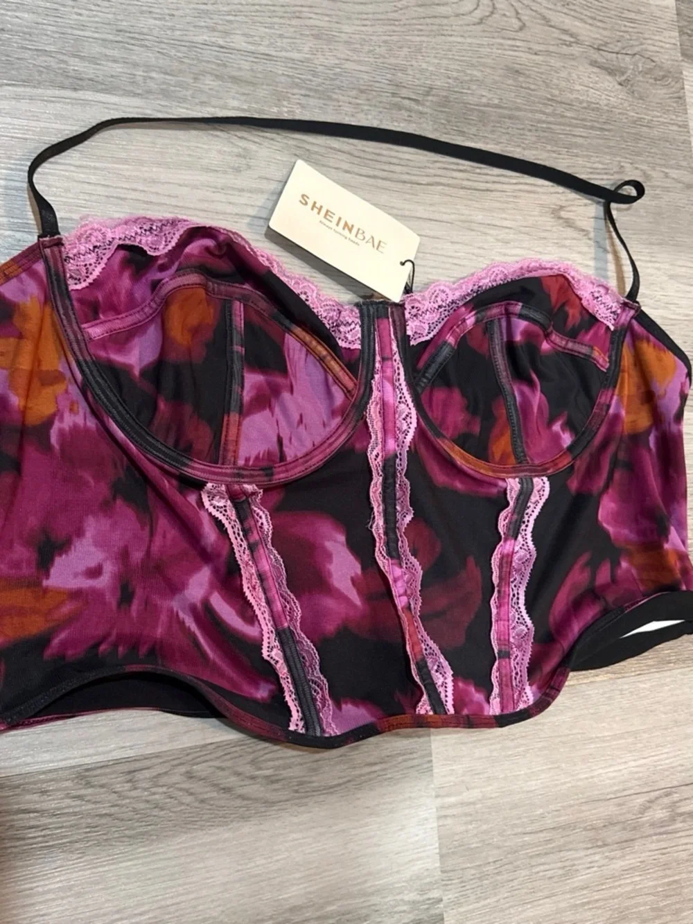 SHEIN Pink & Black Floral Lace-Trim Bustier Top - Picture 1 of 2